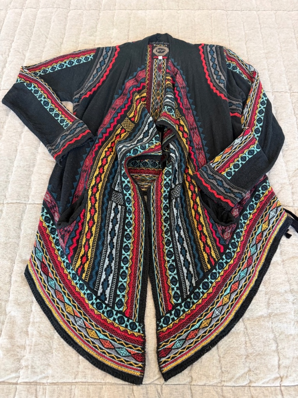 Biya Johnny Was Black Colorful Embroidered Open Front Boho Cardigan Sweater S